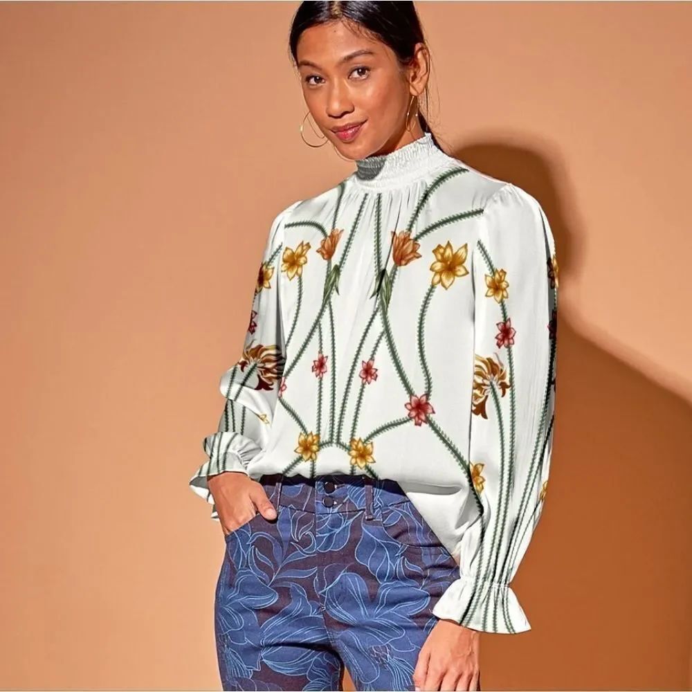 Tucker Stella Top Art Nouveau in Ecru Stretch Charmeuse Silk Blouse Mock Neck